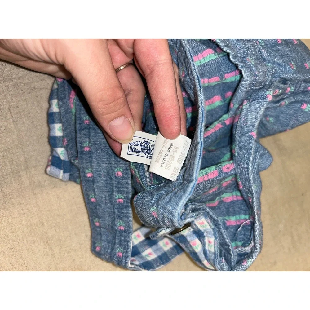 Vintage 80s OshKosh Bgosh Girls 2T Blue Floral Denim Shortalls Gingham‎ Toddler